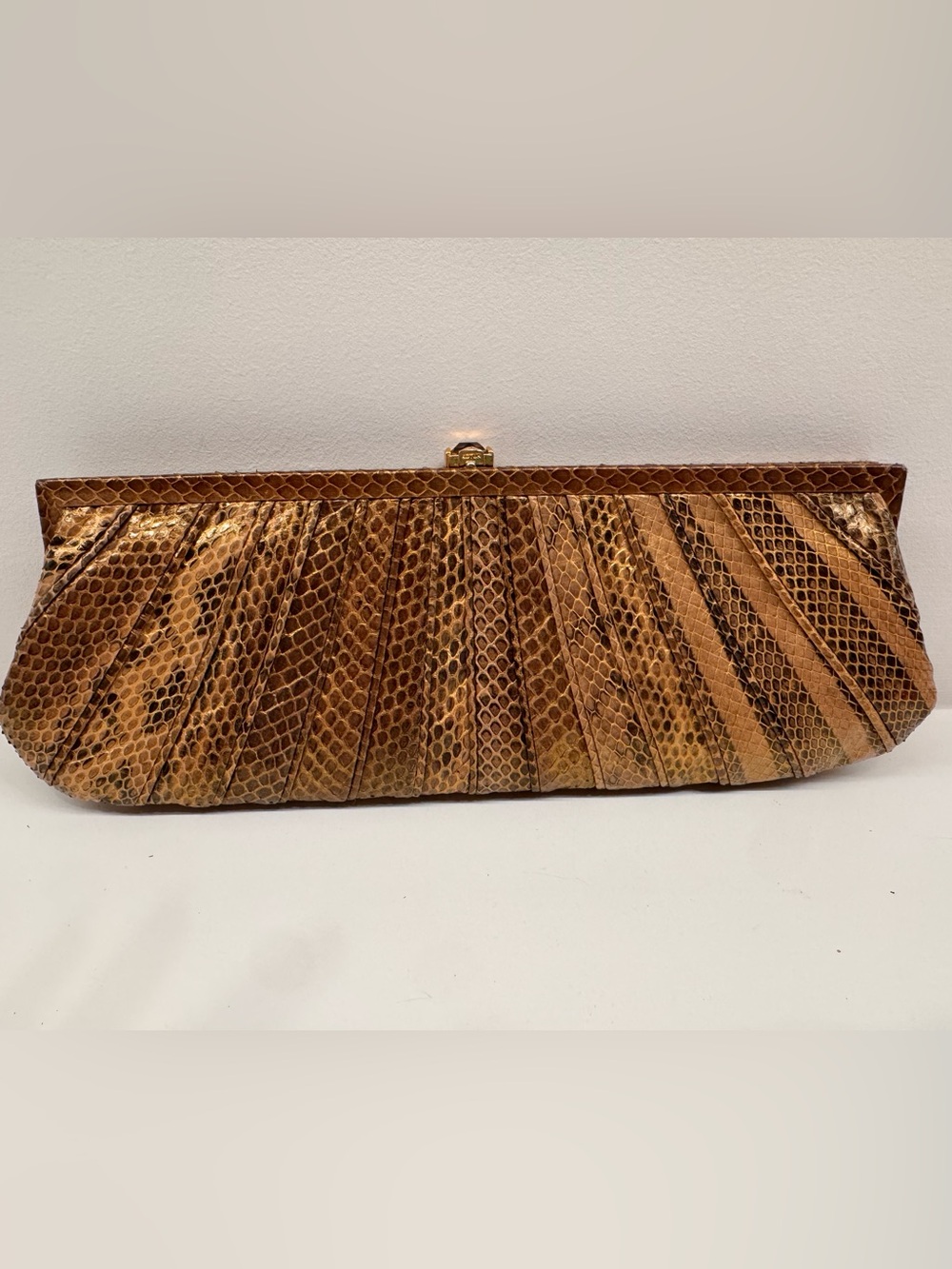 Brown Snakeskin Pleated Evening Clutch